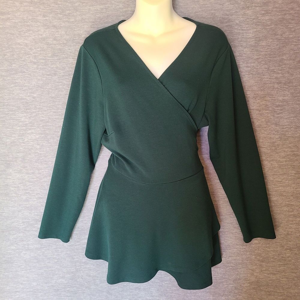 Eloquii Top Womens Plus Wrap Peplum Top V Neck Long Sleeve Blouse Green
